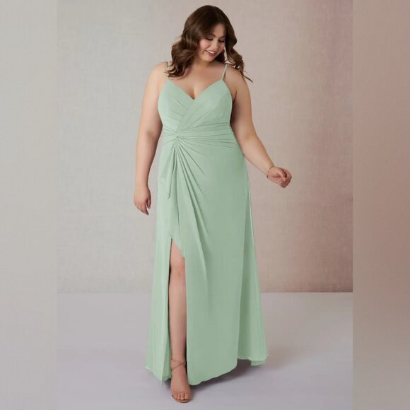 Azazie Dresses & Skirts - NWT Azazie Emerald A-Line Ruffled Chiffon Dress in Agave